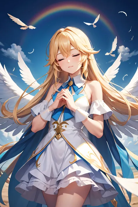 Seraph Raphael,long hairstyles,blonde,eyes closed,join hands,big rainbow,blue sky,Feathers are fluttering