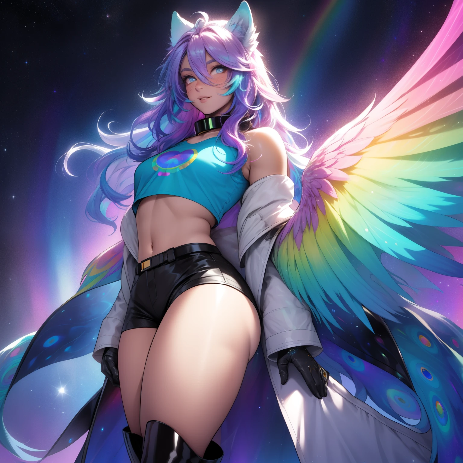 a short, skinny, galactic space young boy wearing a peacock inspired rainbow sci fi coat, glowing blue eyes, wearing cropped t-shirt, flat chested, flat chest (SUPER FLAT CHEST) has wolf ears and a wolf tail, wide hips, pink lips, thick thighs, has long wavy rainbow gradient colored sparkly hair with long locks, twink, happy, blushing, flustered, showing thighs, wearing thigh high boots, wearing short micro shorts, curvy, solo, alone, (SOLO)(ALONE), has long wavy rainbow gradient colored sparkly hair, dynamic pose, dancing pose, wearing collar, happy, has rainbow peacock wings flowing behind him, perfect eyes, photo realistic, masterpiece, flawless