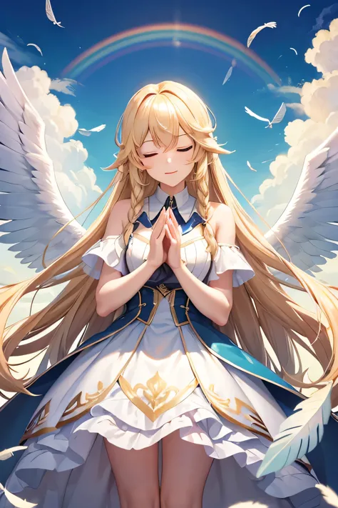 Seraph Raphael,long hairstyles,blonde,close your eyes,hold hands,big rainbow,blue sky,Fluttering feathers