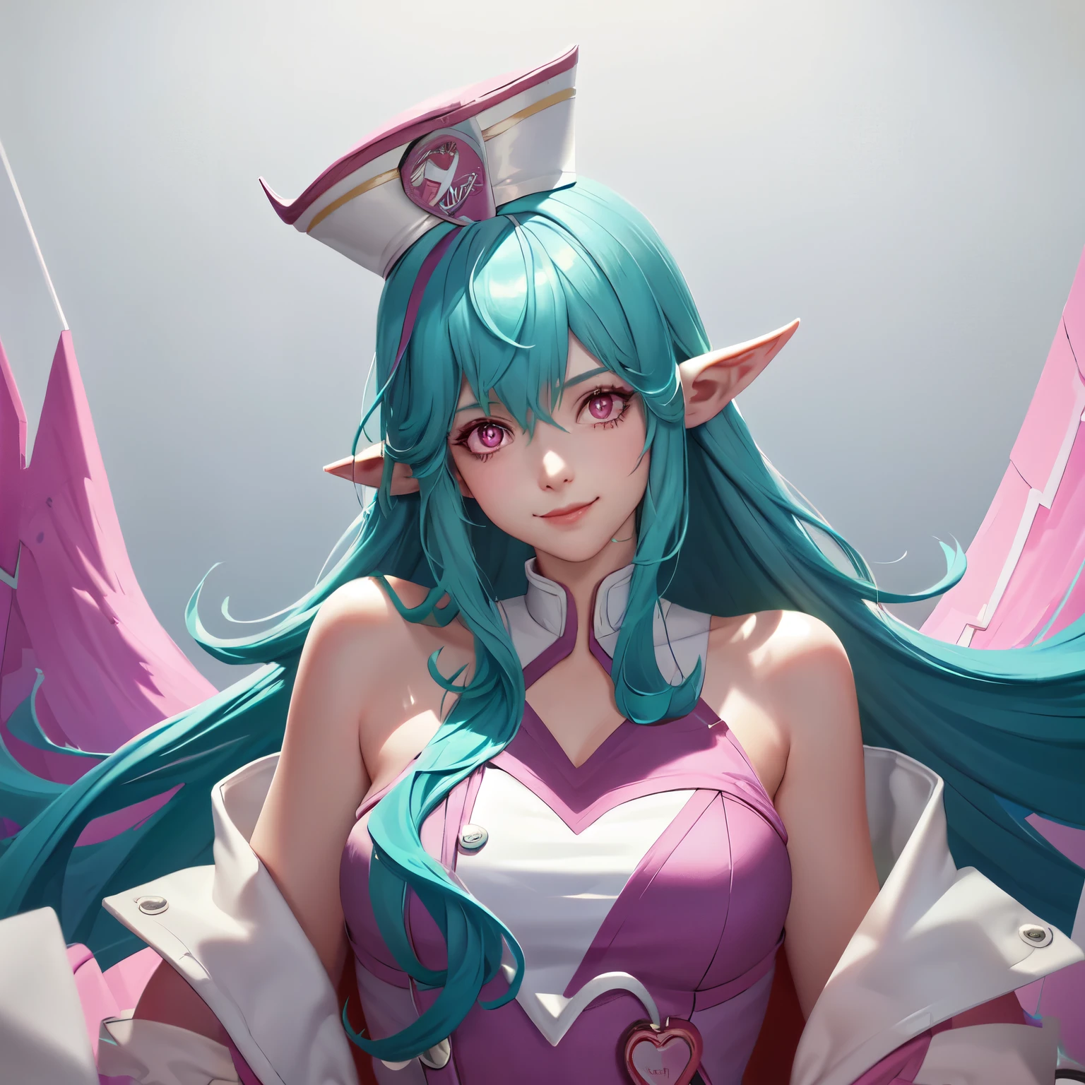 ((big breasts)), 1girl, solo, long hair, looking at viewer, smile, hat, hair between eyes, very long hair, blue hair, upper body, pink hair, heart, detached sleeves, pointy ears, artist name, pink eyes, streaked hair, doctor cap, doctor, (masterpiece,best quality:1.5)