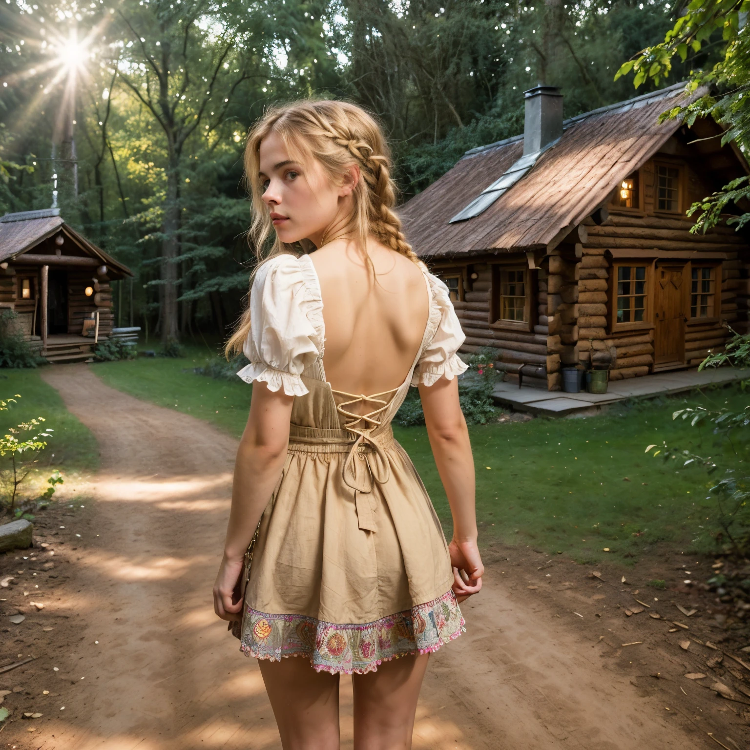 (best quality, 4k, 8k, high res, masterpiece:1.2), ultra-detailed, (photo-realistic:1.37), ((best quality)), ((masterpiece)), (detailed), ((NSFW)), perfect face, ((Lucy Boynton)), ((18th centaury Bohemian peasant girl, blonde hair in braids)), athletic build, ((dressed in a sexy NSFW very short skirted and colourful Bohemian peasant costume with opened cleavage)), ((standing in a relaxed pose outside the old log cabin in a woodland glade at twilight)), ((perfect eyes)), from the back,