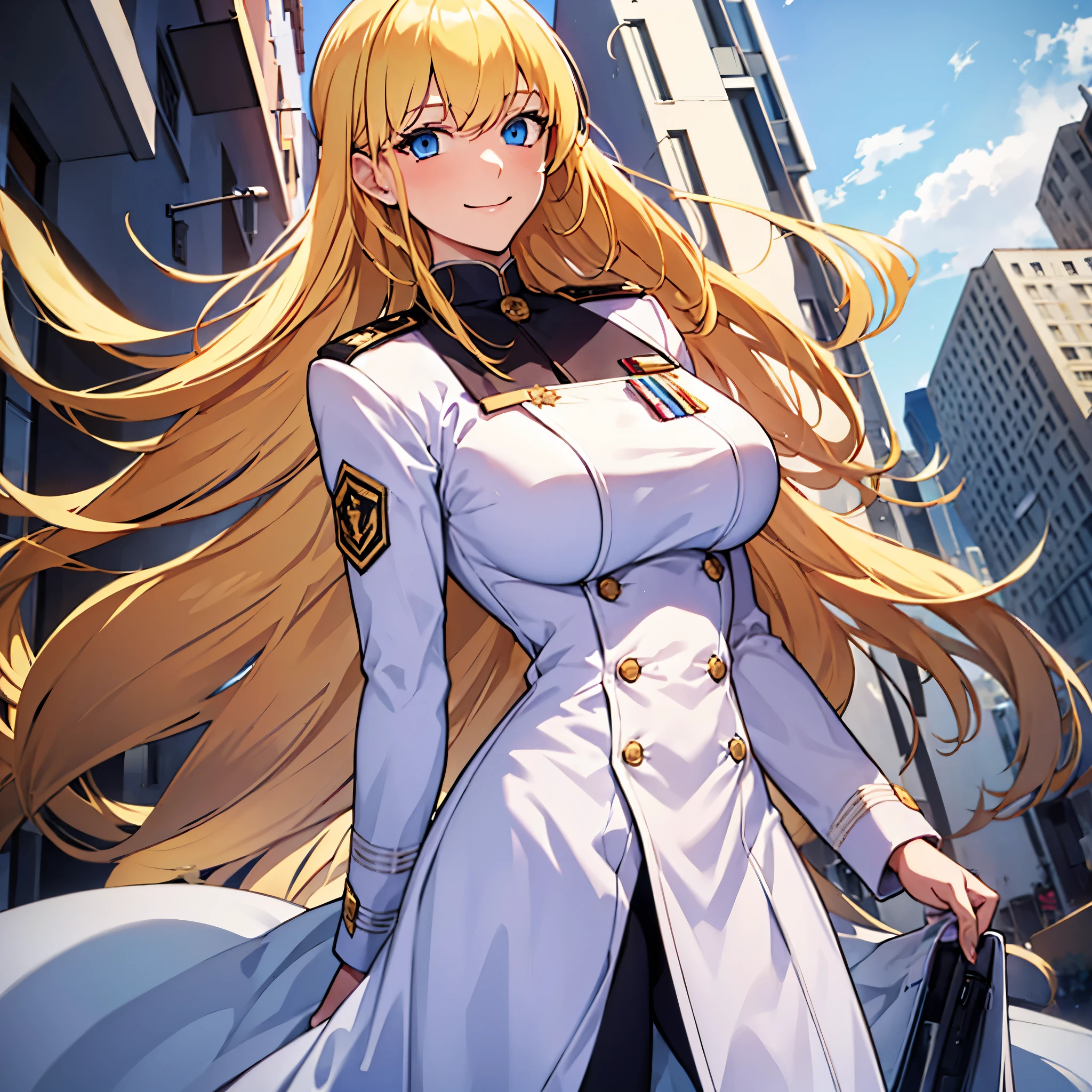 a woman in white military clothing, in a city at day, long blonde hair, blue eyes, smiling
