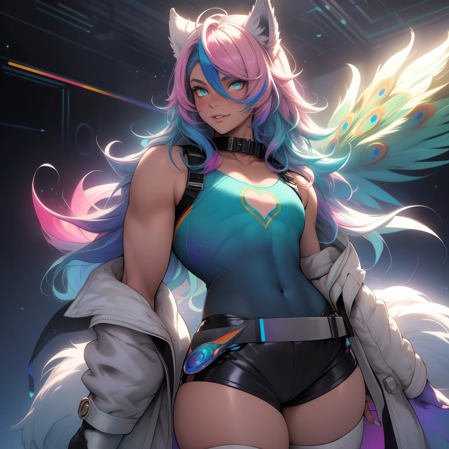 a short, skinny, galactic space young boy wearing a peacock inspired rainbow sci fi coat, glowing blue eyes with heterochromia, wearing cropped t-shirt, flat chested, flat chest (SUPER FLAT CHEST) has wolf ears and a wolf tail, wide hips, pink lips, thick thighs, has long wavy rainbow gradient colored sparkly hair with long locks, twink, happy, blushing, flustered, showing thighs, wearing thigh high boots, wearing short micro shorts, curvy, solo, alone, (SOLO)(ALONE), has long wavy rainbow gradient colored sparkly hair, dynamic pose, dancing pose, wearing collar, happy, has rainbow peacock wings flowing behind him, perfect eyes, photo realistic, masterpiece, flawless, peacock wings