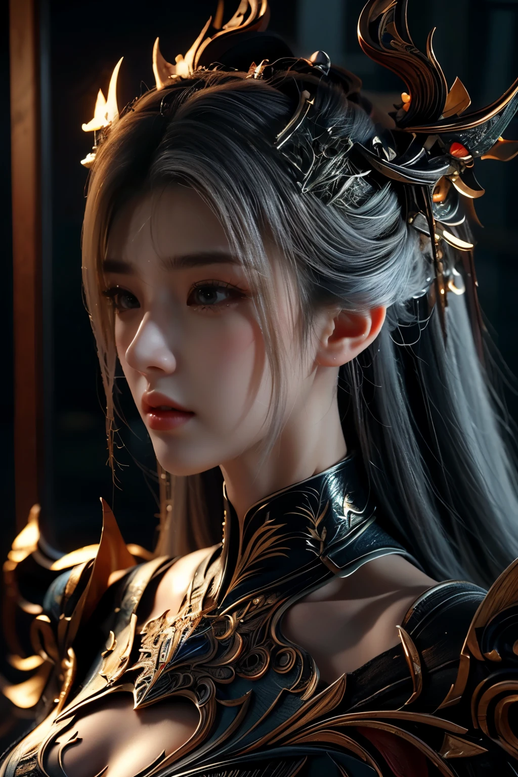 傑作,ゲームアート,最高の画質,最高解像度,8K,(肖像画),Unreal Engine 5のレンダリング作業,(デジタル写真),((肖像画 Feature:1.5)),
20歳の少女,ショートヘアの詳細,長い前髪,(赤いアイメイクはとても丁寧です),(長い白髪の:1.4),(大きい, 豊かな胸),エレガントで高貴,勇敢で魅力的,
(古代中国の鎧の特徴と融合した未来の鎧,中空デザイン,パワーアーマー,神秘的な東洋のルーン文字,繊細なドレスのパターン,魔法の閃き),未来の戦士,サイバーパンクのフィギュア,戦争の背景,
映画照明，レイトレーシング，ゲームCG，((3D アンリアル エンジン))，OCレンダリング反射パターン