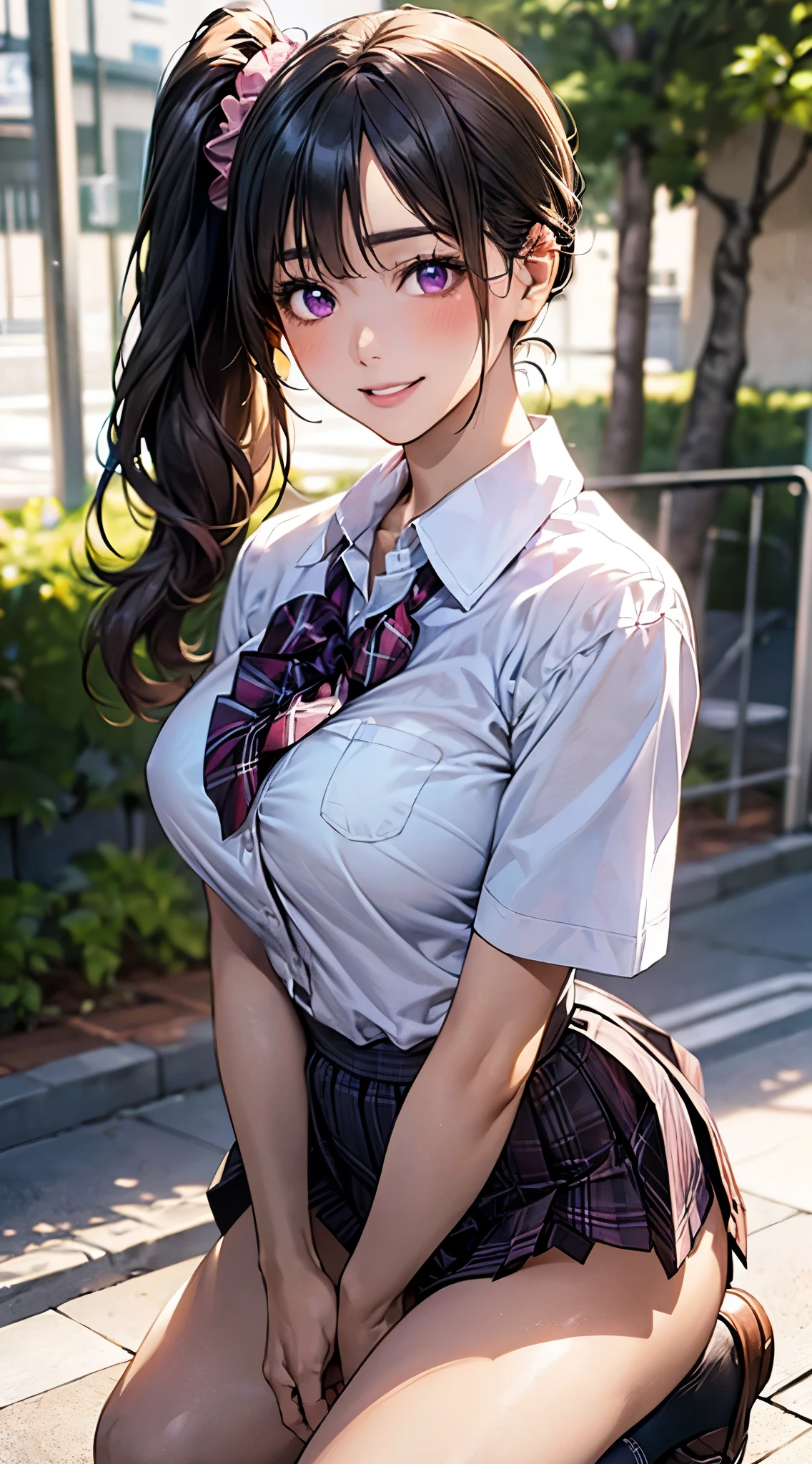 (masterpiece:1.2, top-quality), ultra high res, ultra detailed, (realistic, photorealistic:1.4), beautiful illustration, perfect lighting, colorful, depth of fields, 
looking at viewer, full body, front view:0.6, 1 girl, solo, japanese, high school girl, gyaru, (large breasts:0.8, large ass, seductive thighs, skindentation),
(long hair:1.5, side ponytail), light brunette hair, asymmetrical bangs, purple eyes, parted lips, (very tanned shiny skin), 
beautiful hair, beautiful face, extremely detailed face, beautiful detailed eyes, beautiful clavicle, beautiful body, beautiful chest, beautiful thigh, beautiful legs, beautiful fingers, 
(beautiful scenery), daytime, outdoor,
((collared short sleeve shirt, white shirt, , pink plaid pleated skirt, black tie)), white panties, polka dot hair scrunchie, 
(kneeling, sexy pose), (seductive-smile), 