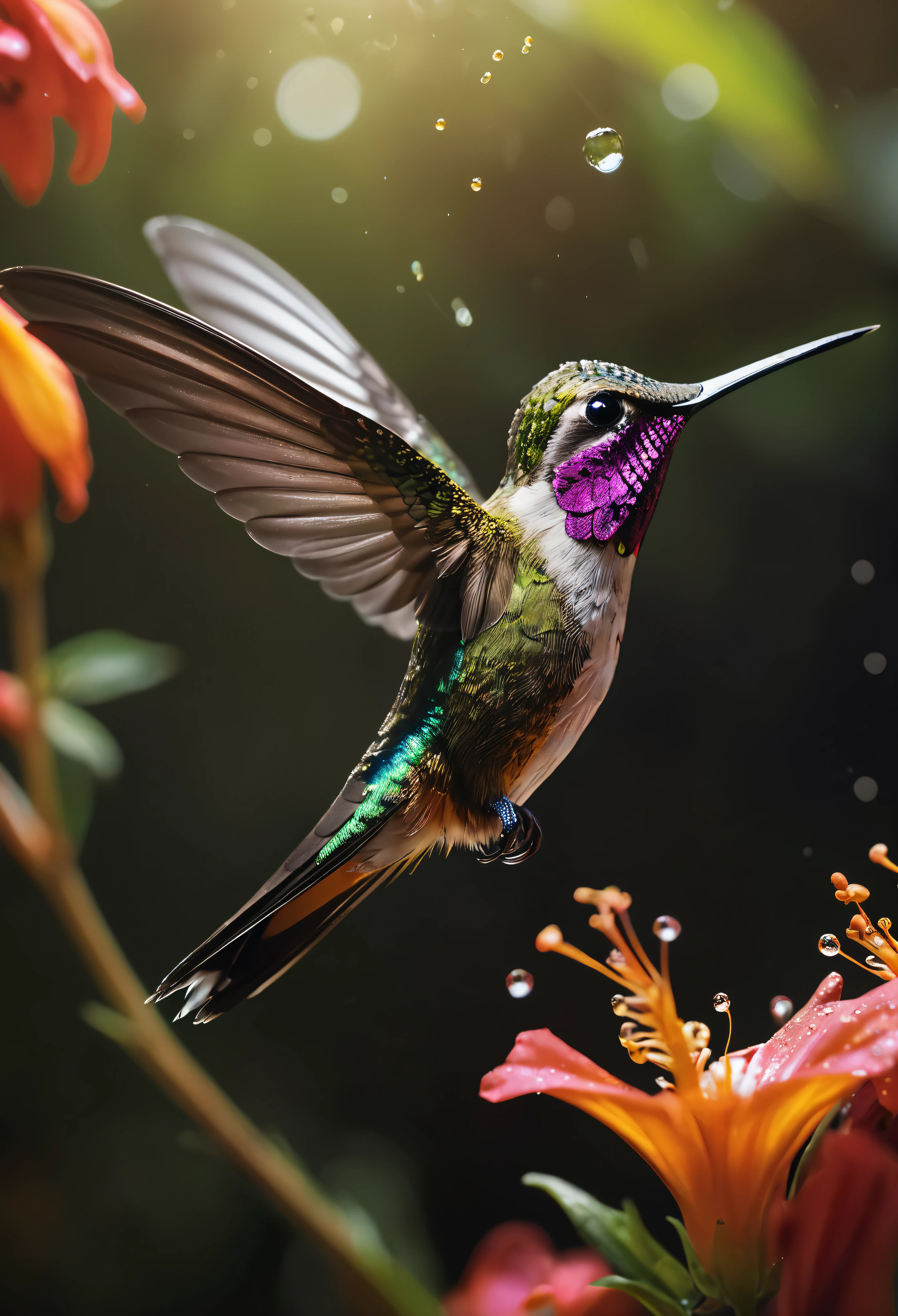 ((Masterpiece in maximum 16K resolution):1.6),((soft_color_photograpy:)1.5), ((Ultra-Detailed):1.4),((Movie-like still images and dynamic angles):1.3), ((motion blur):1.2) | (Macro shot cinematic photo of a Exotic Hummingbird at a flower), (hummingbird wrist flick), (macro lens), (pollen), (dewdrops), (shimmer), (visual experience) ,(Realism), (Realistic),award-winning graphics, dark shot, film grain, extremely detailed, Digital Art, rtx, Unreal Engine, scene concept anti glare effect, All captured with sharp focus.
