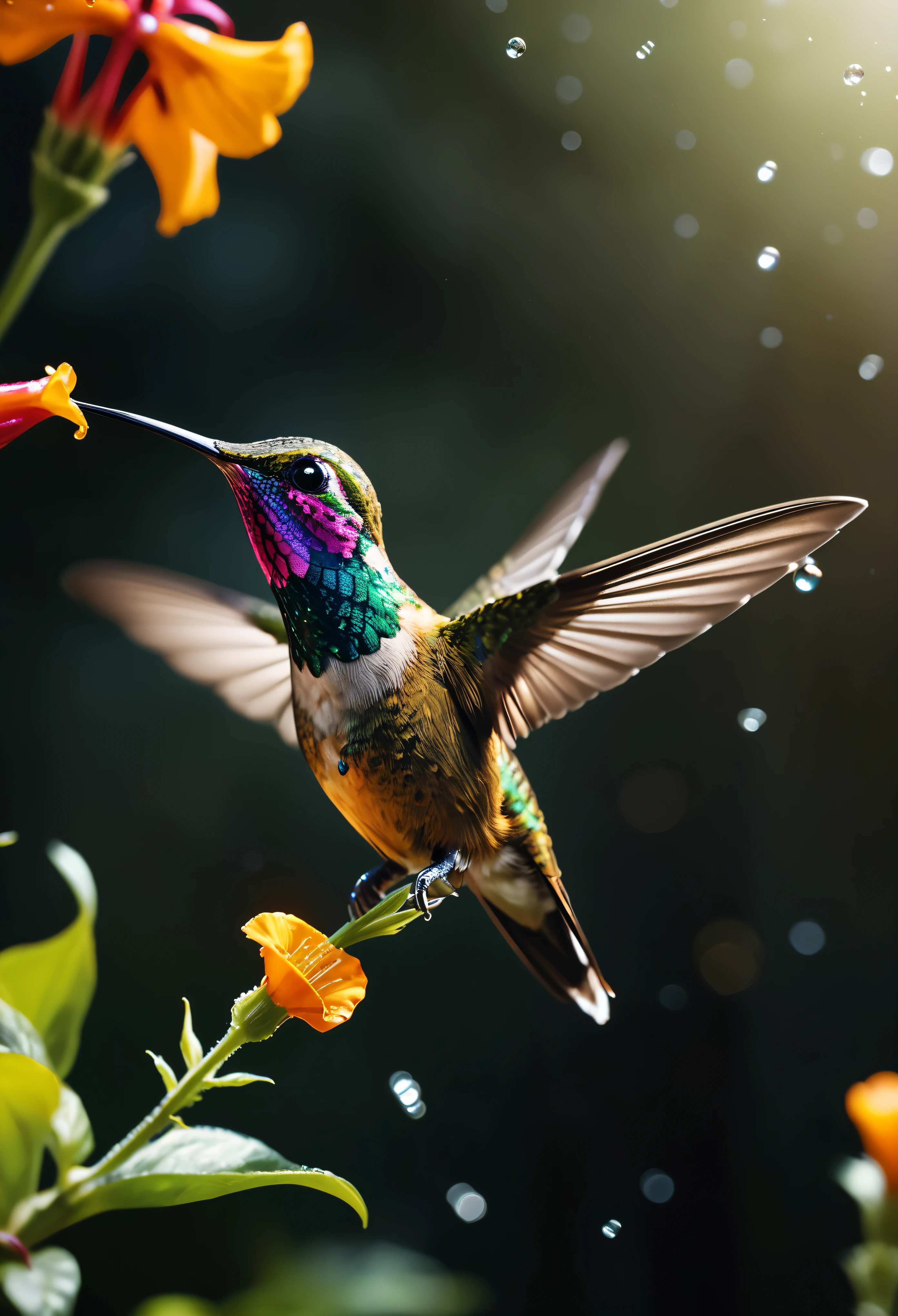 ((Masterpiece in maximum 16K resolution):1.6),((soft_color_photograpy:)1.5), ((Ultra-Detailed):1.4),((Movie-like still images and dynamic angles):1.3), ((motion blur):1.2) | (Macro shot cinematic photo of a Exotic Hummingbird at a flower), (hummingbird wrist flick), (macro lens), (pollen), (dewdrops), (shimmer), (visual experience) ,(Realism), (Realistic),award-winning graphics, dark shot, film grain, extremely detailed, Digital Art, rtx, Unreal Engine, scene concept anti glare effect, All captured with sharp focus.
