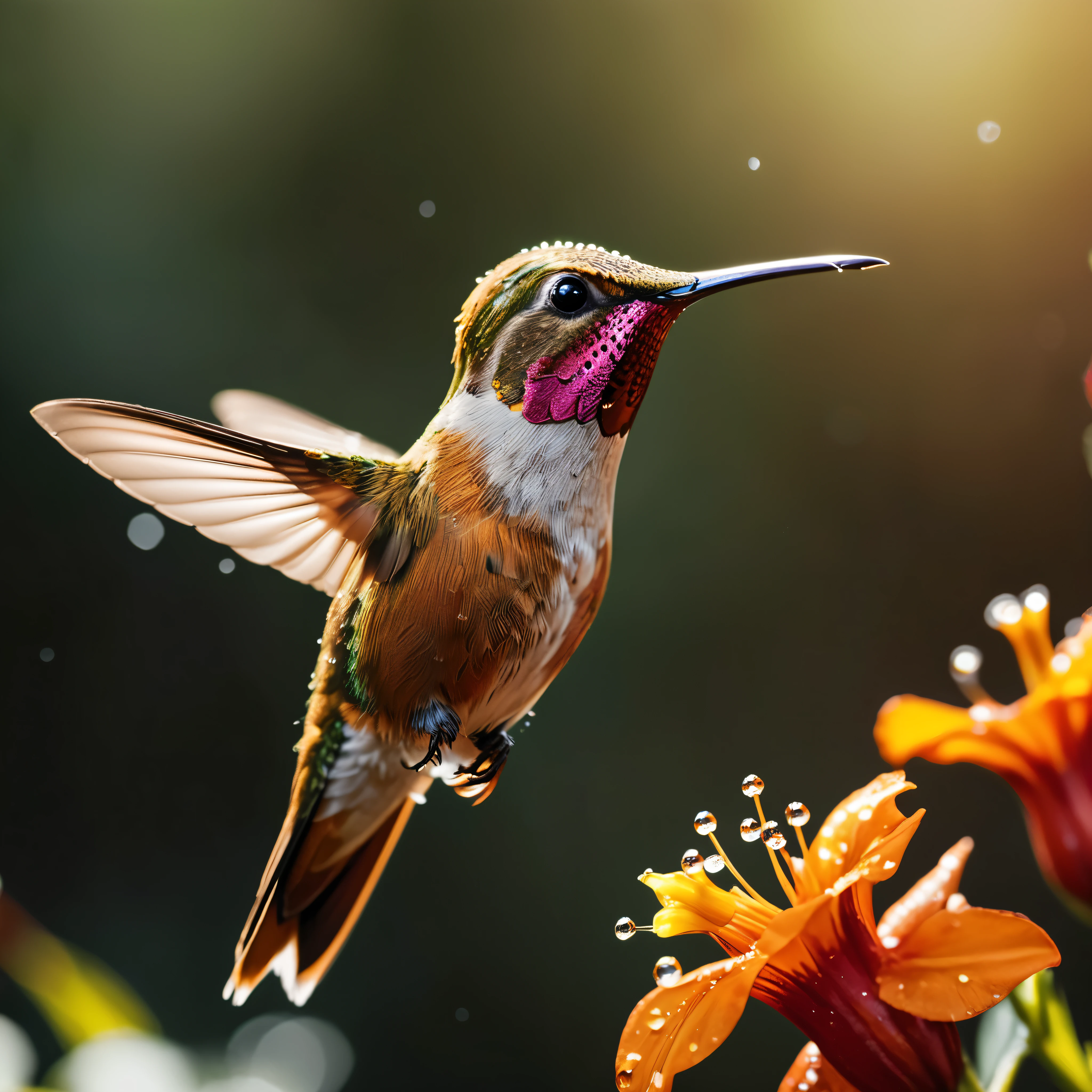 ((Masterpiece in maximum 16K resolution):1.6),((soft_color_photograpy:)1.5), ((Ultra-Detailed):1.4),((Movie-like still images and dynamic angles):1.3), ((motion blur):1.2) | (Macro shot cinematic photo of a Exotic Hummingbird at a flower), (hummingbird wrist flick), (macro lens), (pollen), (dewdrops), (shimmer), (visual experience) ,(Realism), (Realistic),award-winning graphics, dark shot, film grain, extremely detailed, Digital Art, rtx, Unreal Engine, scene concept anti glare effect, All captured with sharp focus.
