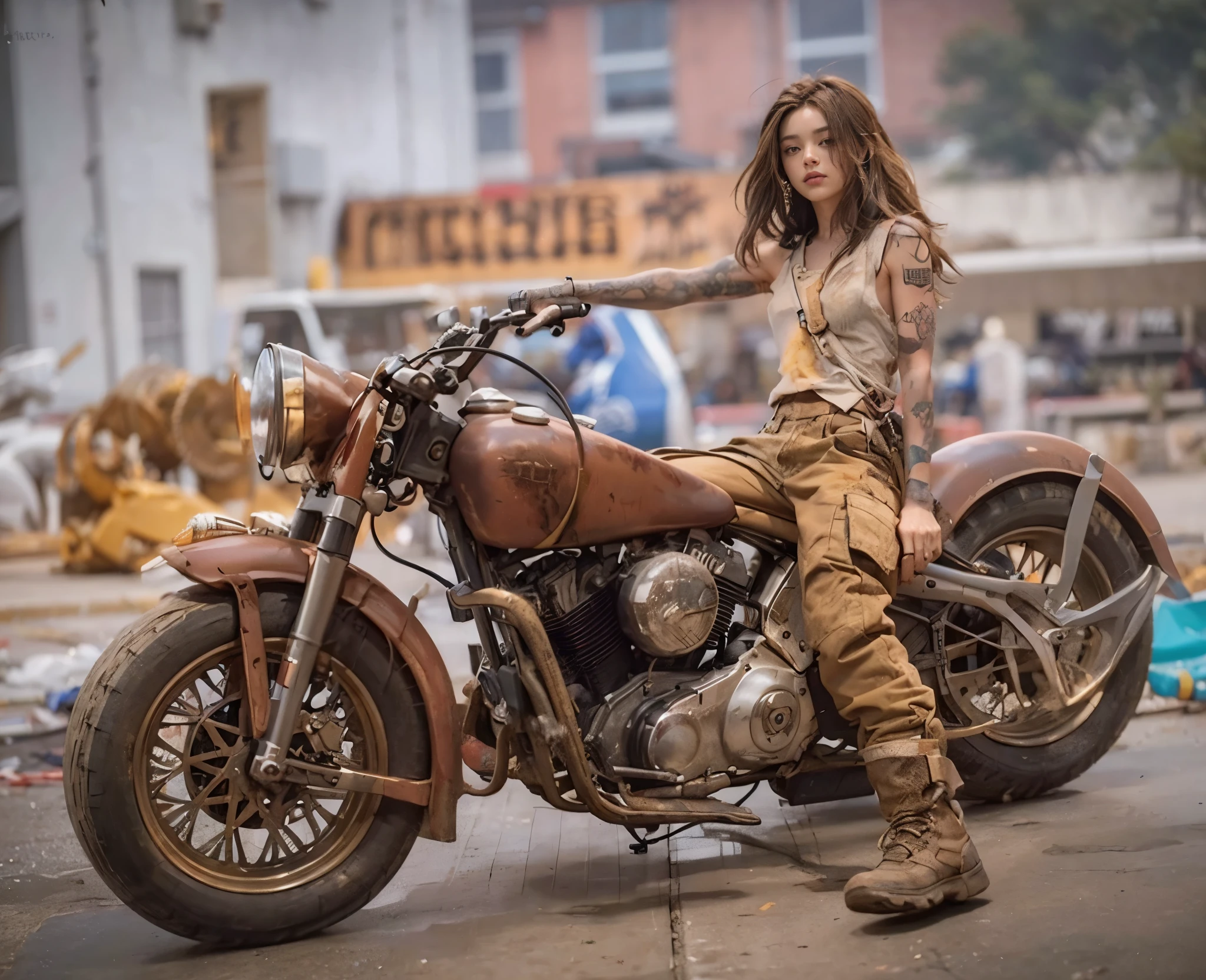Beauty、dirty clothes、dreadlocks、rusty motorcycle、A girl with a realistic skin texture is standing in front of a concrete background. Her dirty shirt adds a sense of roughness to the overall image. She has a tattoo on her arm, which adds a hint of edge to her appearance. The focus of the image is on the ultra-detailed rendering of her skin, ensuring that every pore and wrinkle is depicted with precision. The background sets the mood with its industrial, urban feel. Lighting plays a crucial role in enhancing the realistic and photorealistic effect of the image. The colors are vivid and the details are sharp, resulting in the best quality 8k image that resembles a masterpiece.、