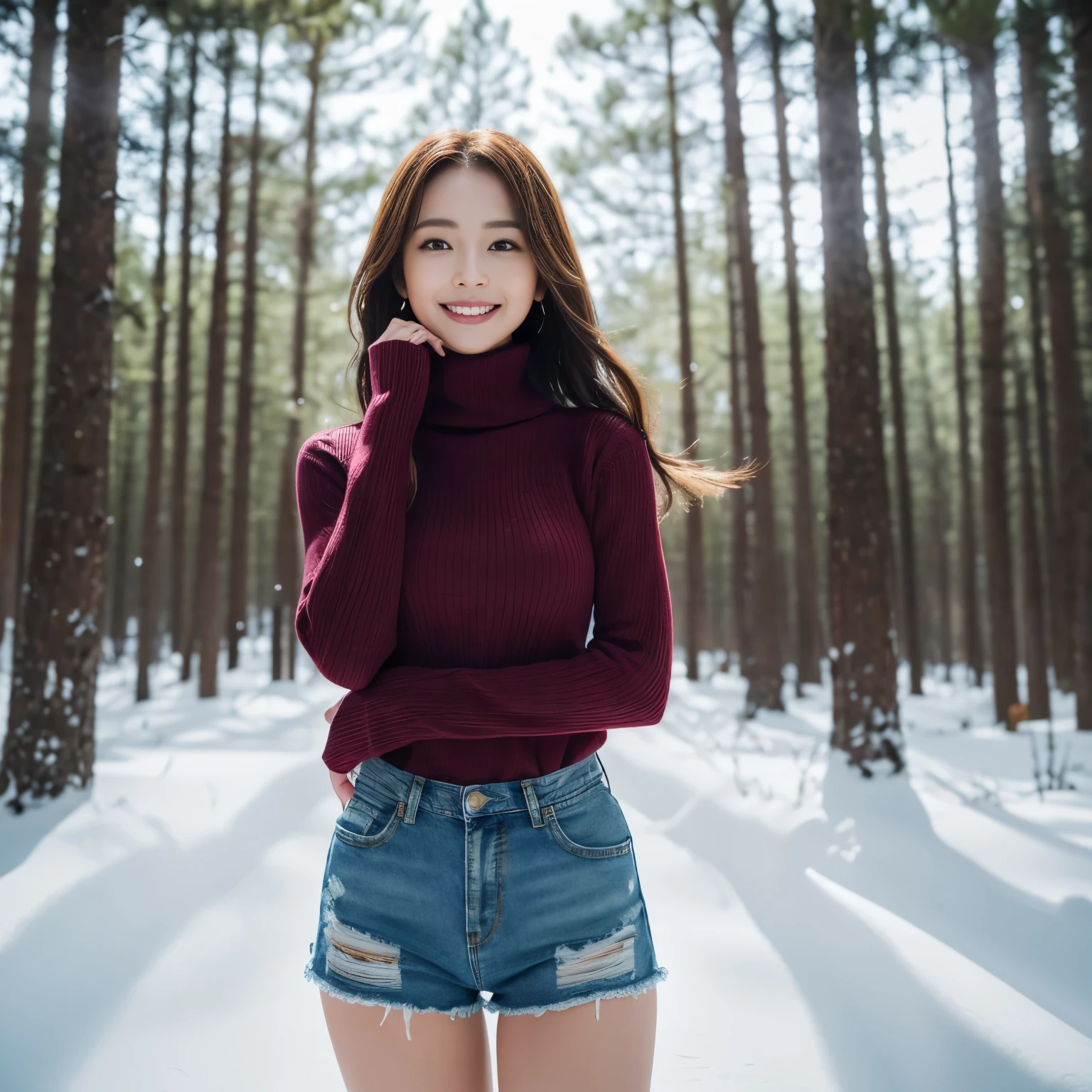 (table top、highest quality、8k、Award-winning work、ultra high resolution)、one beautiful woman、(Perfect burgundy turtleneck long sleeve sweater:1.2)、(Ripped denim shorts:1.2)、Standing gracefully、elegant long hair、( In the forest deep in the mountains of Northern Europe:1.1)、snow forest、Snow scene in a mysterious forest、small beautiful pond、(blurred background:1.1)、(very bright and vivid:1.1)、(very bright and glowing skin:1.1)、winter、(heavy snow is falling:1.1)、long legs、long legs、the biggest smile looking at me、very big breasts、emphasize body line、perfect fit、glamorous body、accurate anatomy、ultra high definition hair、ultra high resolutionの完璧な美しい歯、Ultra high definition beauty face、ultra high definition hair、Super high-definition sparkling eyes、輝くultra high resolutionの美肌、ultra high resolutionの艶やかな唇、epic movie lighting、the most romantic、the moodiest、romantic love mood