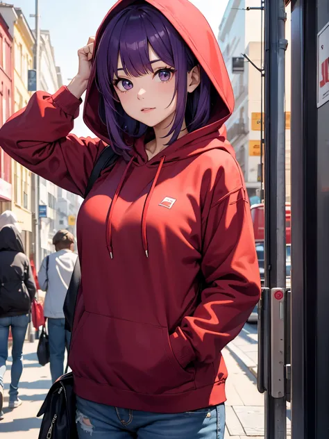 A mature girl, purple hair, wearing red hoodie