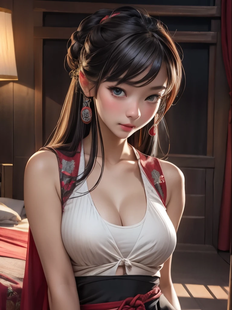 frontal view, very beautiful woman  biting her lower lip and facing the viewer, traditional, photo realistic style, sexy sleeveless hanfu, white huge breasts, open cleavage, waist thin, adoring expression is the focus,