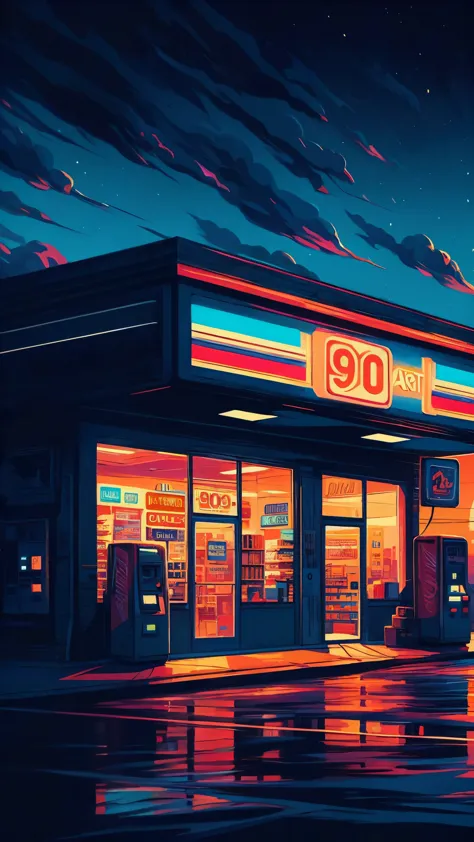 a painting of a posto de gasolina with a neon sign and a full moon, por Alena Aenami, art of Alena Aenami, Apenas Bartel, style ...