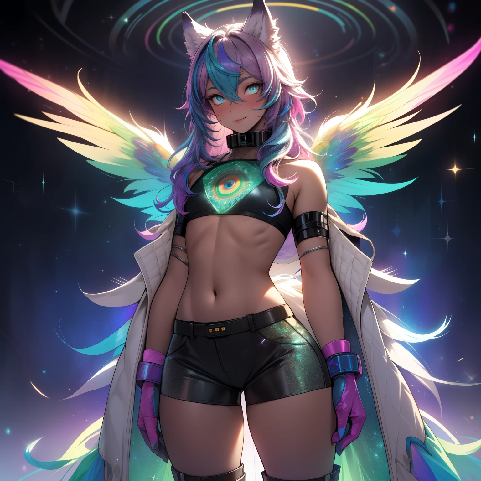 a short, skinny, galactic space young boy wearing a peacock inspired rainbow sci fi coat, glowing blue eyes with heterochromia, wearing cropped t-shirt, flat chested, flat chest (SUPER FLAT CHEST) has wolf ears and a wolf tail, wide hips, pink lips, thick thighs, has long wavy rainbow gradient colored sparkly hair with long locks, twink, happy, blushing, flustered, showing thighs, wearing thigh high boots, wearing short micro shorts, curvy, solo, alone, (SOLO)(ALONE), has long wavy rainbow gradient colored sparkly hair, dynamic pose, dancing pose, wearing collar, happy, has rainbow peacock wings flowing behind him, perfect eyes, photo realistic, masterpiece, flawless, peacock wings