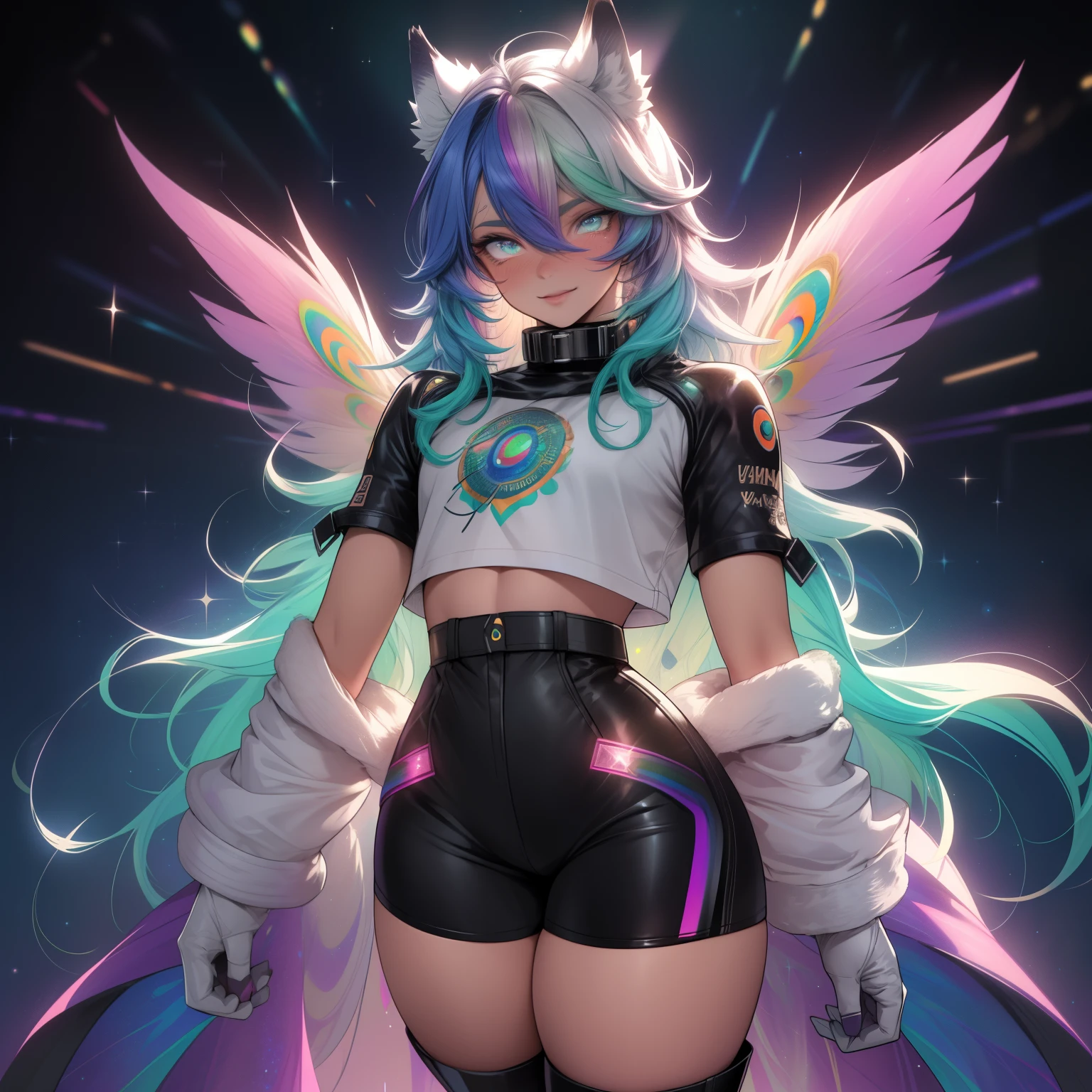 a short, skinny, galactic space young boy wearing a peacock inspired rainbow sci fi coat, glowing blue eyes with heterochromia, wearing cropped t-shirt, flat chested, flat chest (SUPER FLAT CHEST) has wolf ears and a wolf tail, wide hips, pink lips, thick thighs, has long wavy rainbow gradient colored sparkly hair with long locks, twink, happy, blushing, flustered, showing thighs, wearing thigh high boots, wearing short micro shorts, curvy, solo, alone, (SOLO)(ALONE), has long wavy rainbow gradient colored sparkly hair, dynamic pose, dancing pose, wearing collar, happy, has rainbow peacock wings flowing behind him, perfect eyes, photo realistic, masterpiece, flawless, peacock wings