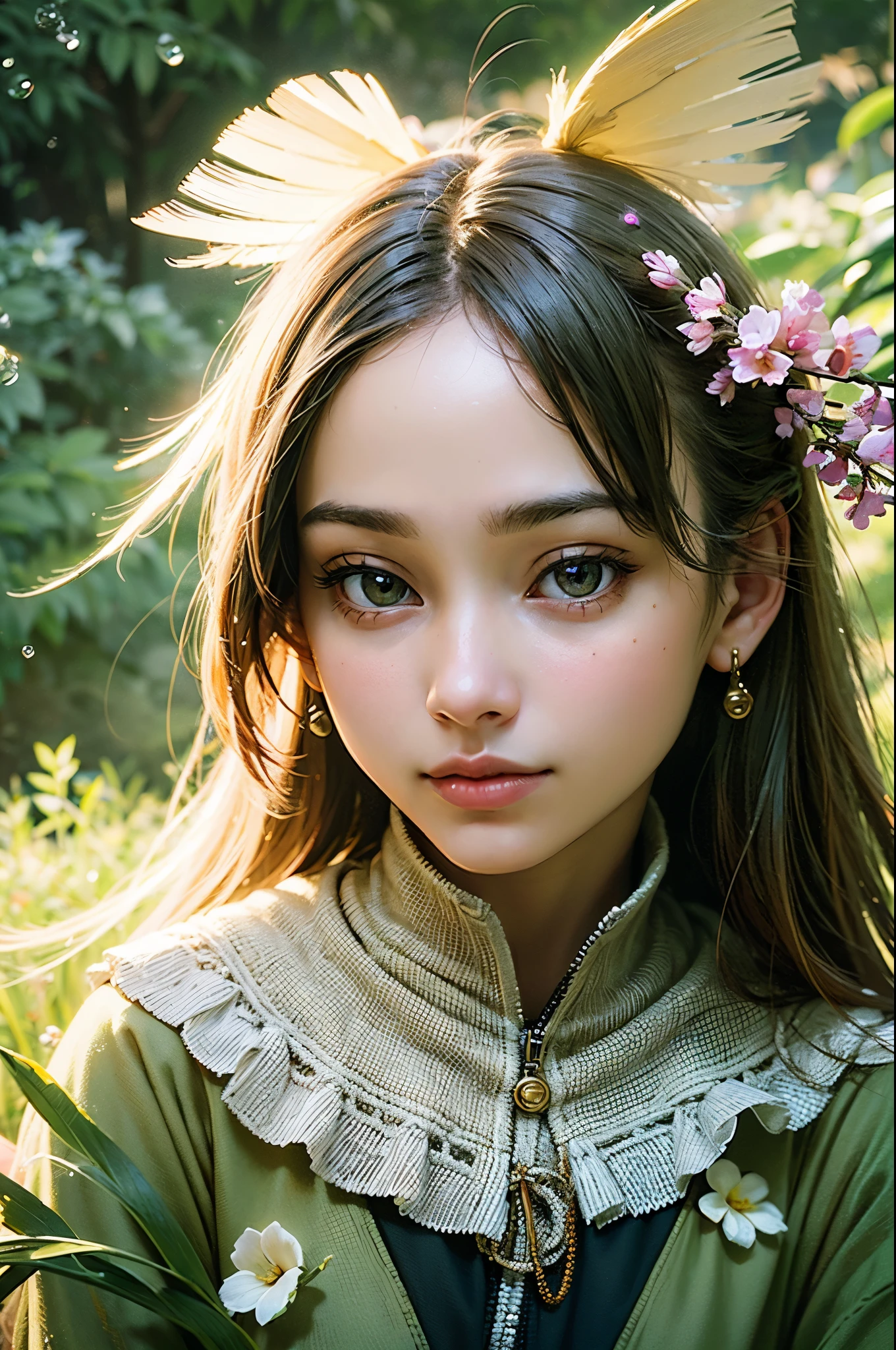 (Haute qualité,ultra-détaillé,Photoréaliste:1.37),un colibri sirote à l&#39;oreille d&#39;une femme,portrait peint,coups de pinceau délicats,Palette de couleurs douces,éclairage naturel,plumes irisées du colibri,visage de femme détaillé,cadre paisible dans un jardin,toile de fond florale,minuscules gouttelettes de nectar sur le bec du colibri,expression sereine d&#39;une femme,subtile touche de vent bruissant dans le jardin,beauté et tranquillité,souligner les traits délicats du colibri et de la femme,jeu subtil de lumière du soleil et d&#39;ombres,rosée matinale étincelante sur les fleurs