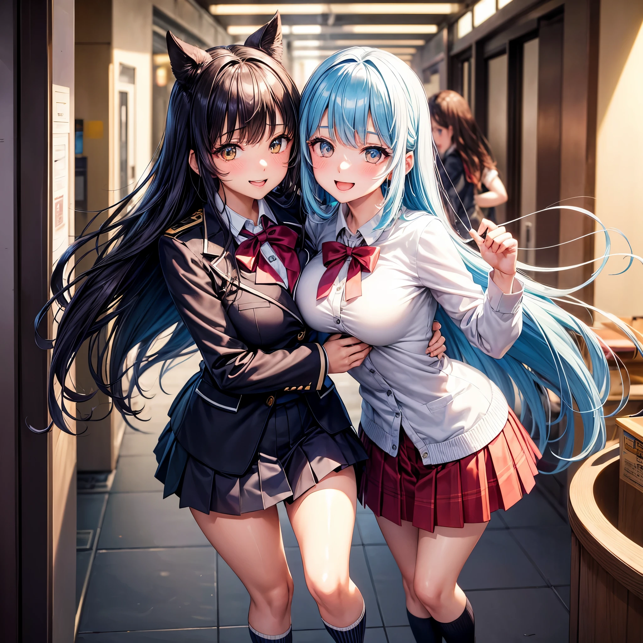 Anime characters posing for a picture in a hallway - SeaArt AI