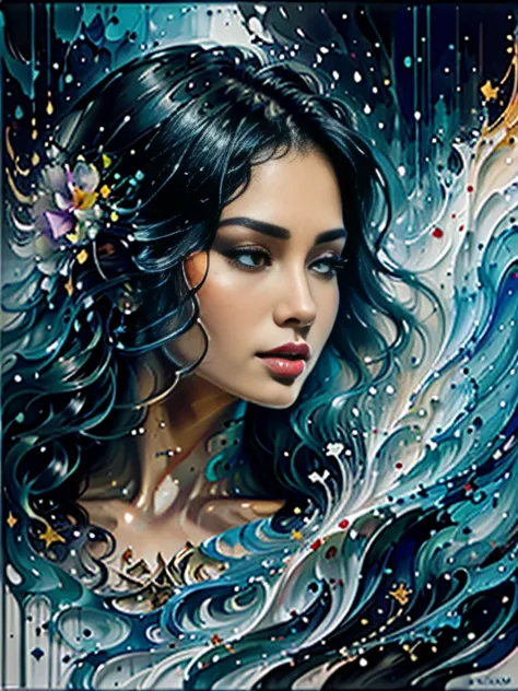 beauty with long wavy blue hair and various colored flowers floating in water, beautiful beauty, small breast, beautiful digital...