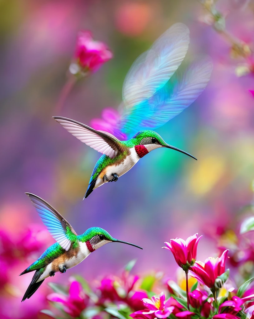 (a beautiful hummingbird),vivid colors,ultra-detailed,sharp focus,photorealistic:1.37,bokeh,beauty of nature,delicate feathers,bright and iridescent plumage,hovering in mid-air,floral background,feeding on nectar,swift and agile flight,small bird,fantastic wings,fast wing beats,slender beak,quick movements,graceful and elegant,delicate balance,unique body shape,small size,highly maneuverable,swift and precise,swift as lightning,buzzing wings,delicate and intricate patterns,flashing colors,precision in motion,peaceful and serene scene,floating in the air,bringing joy and happiness.