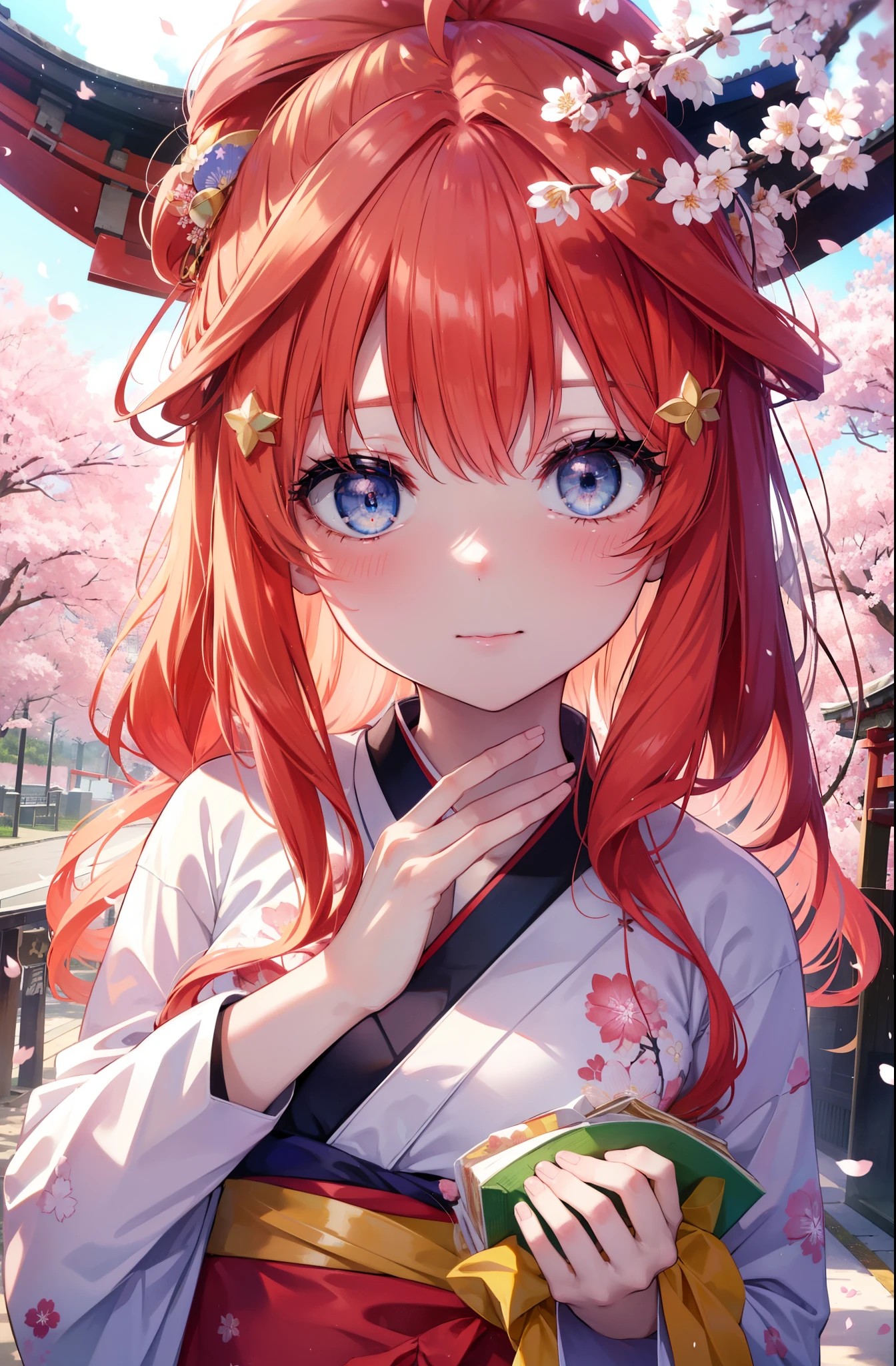 itsukinakano, Itsuki Nakano, bangs, blue eyes, hair between eyes, Ahoge,hair tied back,,long hair, redhead, star \(symbol\), hair ornaments, star hair ornaments,smile,blush,Gorgeous kimono with red floral pattern,white foot bag,Zori cherry blossoms are blooming,Cherry blossoms are scattered,Cherry blossom tree-lined path,
break outdoors, shrine,torii,
break (masterpiece:1.2), highest quality, High resolution, unity 8k wallpaper, (figure:0.8), (detailed and beautiful eyes:1.6), highly detailed face, perfect lighting, Very detailed CG, (perfect hands, perfect anatomy),