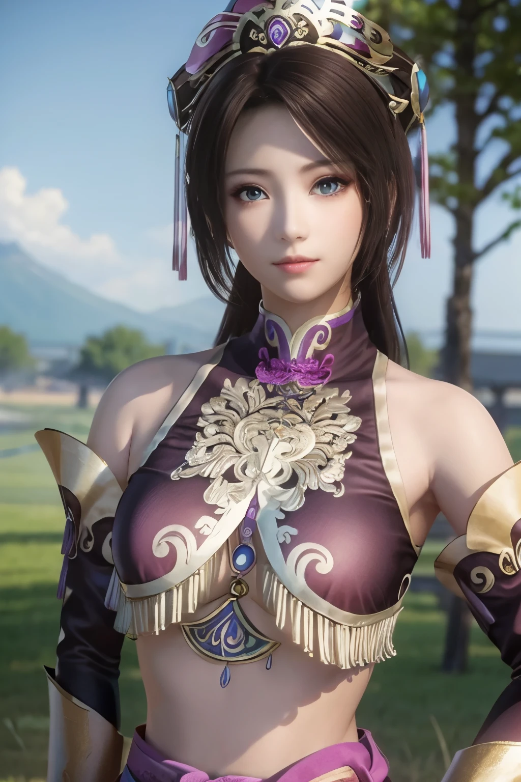 Diaochan of the Three Kingdoms,masterpiece、field,grassy area,beautiful girl、fine eyes、puffy eyes、highest quality, 超High resolution, (reality: 1.4), movie lighting、Japanese、asian beauty、Korean、super beautiful、beautiful skin、(超reality的な)、(High resolution)、(8k)、(very detailed)、(美しくfine eyes)、(Super detailed)、detailed face、bright lighting、professional lighting、slanted bangasterpiece:1.4),(highest quality:1.4),(disorganized:1.4)