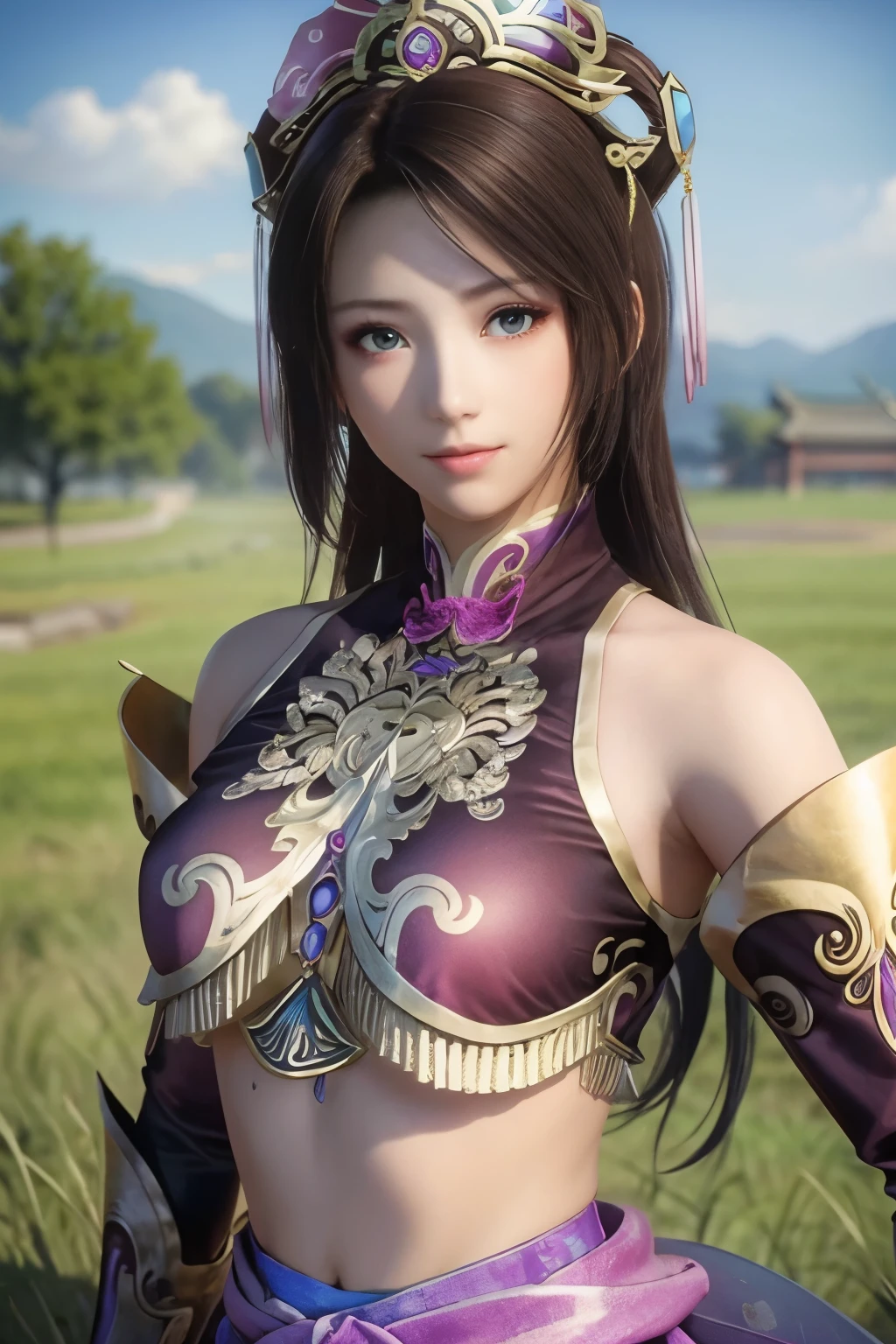 Diaochan of the Three Kingdoms,masterpiece、field,grassy area,beautiful girl、fine eyes、puffy eyes、highest quality, 超High resolution, (reality: 1.4), movie lighting、Japanese、asian beauty、Korean、super beautiful、beautiful skin、(超reality的な)、(High resolution)、(8k)、(very detailed)、(美しくfine eyes)、(Super detailed)、detailed face、bright lighting、professional lighting、slanted bangasterpiece:1.4),(highest quality:1.4),(disorganized:1.4)