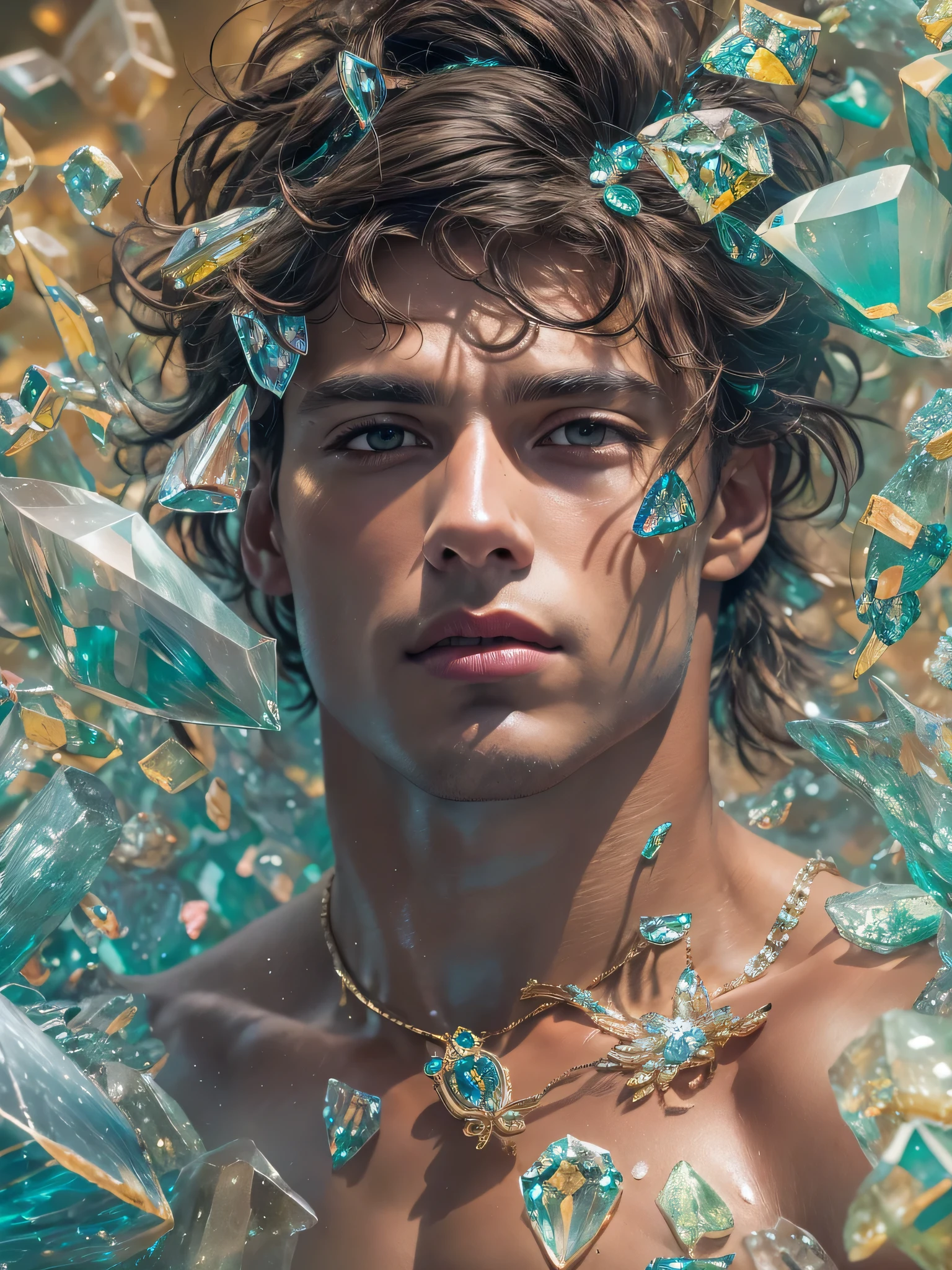 (photorealistic, masterpiece, best quality, highres, highly detailed), a young and handsome man posing nude surrounded by crystal, personification of crystal as a man, 18-year-old man, nude, penis, vibrant colors, realistic lighting, sparkling reflections, radiant and transparent skin, slim athletic physique, intense gaze, striking features, well-defined jawline, tousled hair, confident and relaxed posture, artistic composition, elegant and graceful pose, captivating and alluring expression, the man's body covered with delicate and intricate crystals, creating a mesmerizing and ethereal effect, immaculate attention to detail, flawless rendering of textures, harmonious blend of realism and fantasy, incredible depth and dimension, attention-grabbing contrast between the smoothness of the man's skin and the texture of the crystals, seamless integration of the human form with the crystal surroundings, evoking a sense of grace, beauty, and mystery, powerful symbolism of purity and strength embodied by the crystal elements, expert use of shadows and highlights to enhance the three-dimensional quality of the image, masterful use of color to create a dreamlike atmosphere, refined and subtle nuances of light and shade, creating a visually stunning and emotionally impactful scene, exquisite craftsmanship and skillful execution, capturing the essence of both the human form and the ethereal beauty of crystals, creating an unforgettable and awe-inspiring visual experience.