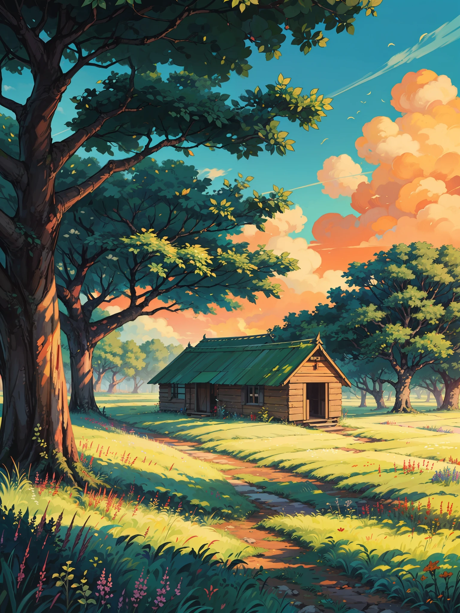 (masterpiece:1), (full view:1.5), (an old hut in the green fields with long grass:1.6), (sunset ambience:1.3), silence, (colorful wildflowers flowing with wind:1.4), magnificent sky, (Dim volumetric light:1.4), peaceful, (beautiful sky), (a big banyan tree providing shade to hut:1.4), (ghibli environment), beautiful tones, subtle colors, peaceful, (illustration: 1.0), epic composition, realistic lighting, HD details, masterpiece, best quality, ,