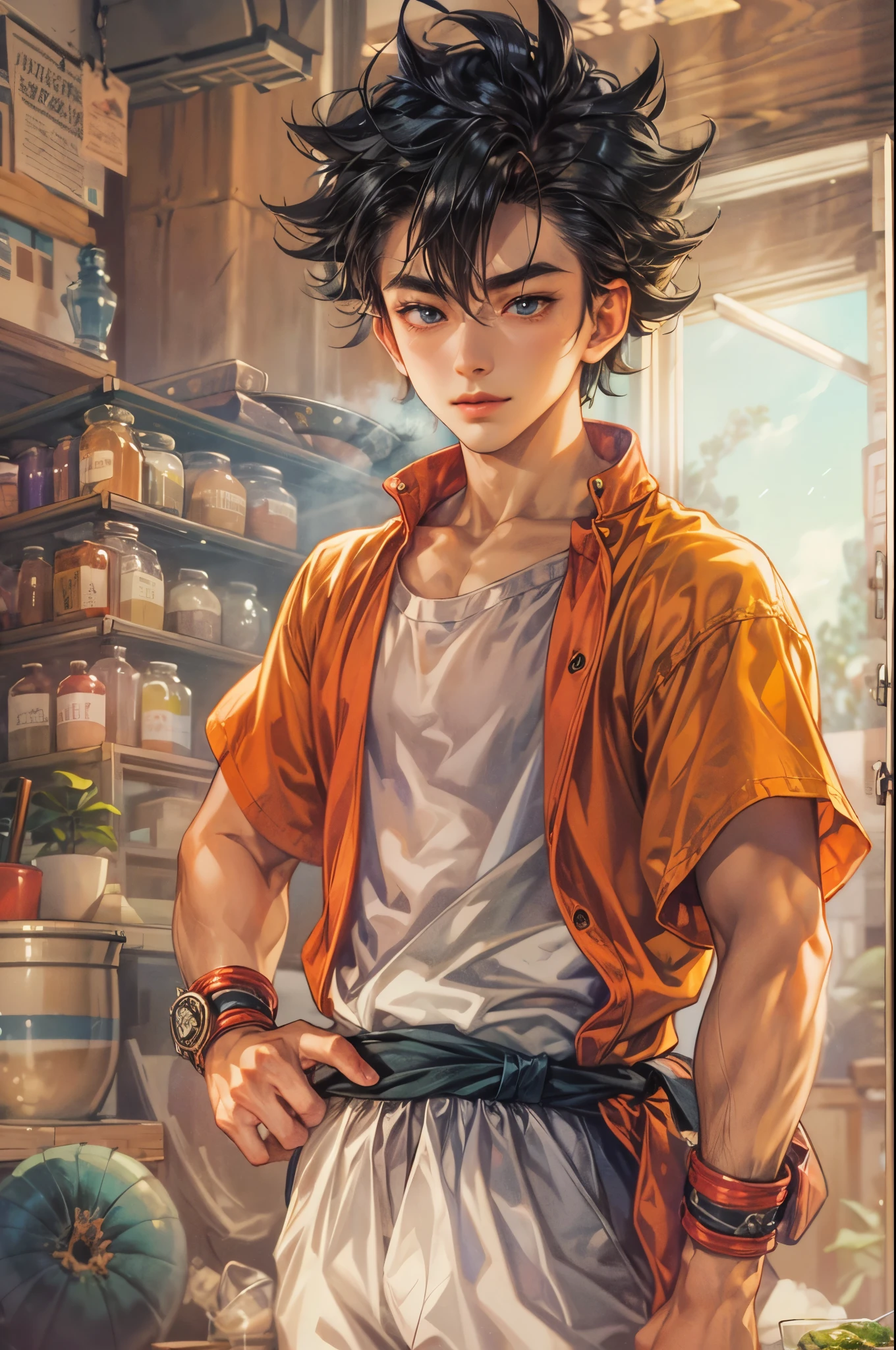 ((Best quality)), ((masterpiece)), (detailed), ((perfect face)), ((halfbody)) handsome face, male, teen boy,  perfect proportions , a character from anime Dragon ball Z, akira toriyama art style, short hair, male version , detailed ghibli interior scenery background 