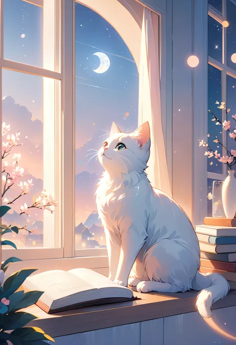 (highest quality:1.2), Beautiful lo-fi minimalist vibe, Cat, Book, window, moon, light bokeh, In soft colors, Sparkling, dynamic...