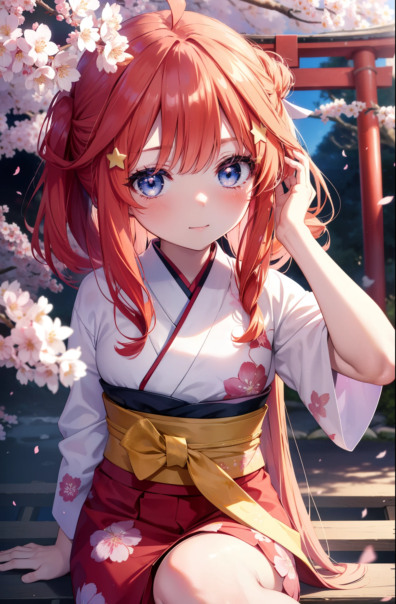 itsukinakano, Itsuki Nakano, bangs, blue eyes, hair between eyes, Ahoge,hair tied back,,long hair, redhead, star \(symbol\), hair ornaments, star hair ornaments,smile,blush,Gorgeous kimono with red floral pattern,white foot bag,Zori cherry blossoms are blooming,Cherry blossoms are scattered,Cherry blossom tree-lined path,Put your hands together and put them on your stomach,
break outdoors, shrine,torii,
break (masterpiece:1.2), highest quality, High resolution, unity 8k wallpaper, (figure:0.8), (detailed and beautiful eyes:1.6), highly detailed face, perfect lighting, Very detailed CG, (perfect hands, perfect anatomy),