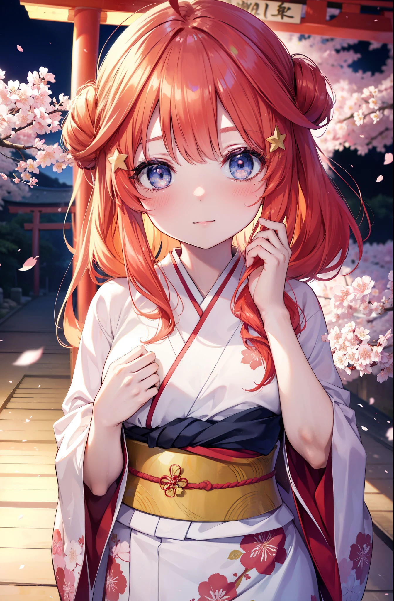 itsukinakano, Itsuki Nakano, bangs, blue eyes, hair between eyes, Ahoge,hair tied back,,long hair, redhead, star \(symbol\), hair ornaments, star hair ornaments,smile,blush,Gorgeous kimono with red floral pattern,white foot bag,Zori cherry blossoms are blooming,Cherry blossoms are scattered,Cherry blossom tree-lined path,Put your hands together and put them on your stomach,
break outdoors, shrine,torii,
break (masterpiece:1.2), highest quality, High resolution, unity 8k wallpaper, (figure:0.8), (detailed and beautiful eyes:1.6), highly detailed face, perfect lighting, Very detailed CG, (perfect hands, perfect anatomy),