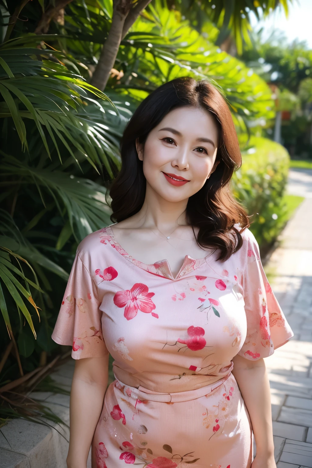 Draw lips correctly, red lipstick, from chest up, best quality, Super detailed, lifelike, Super fine skin, perfect anatomy, (1 Japanese Mature Woman), (alone)，Wear a floral green round neck dress，short sleeve，wavy long hair，37-year-old female，Mature，charming smile，beach background，stand，Chubby，Big breasts，full-body shot。