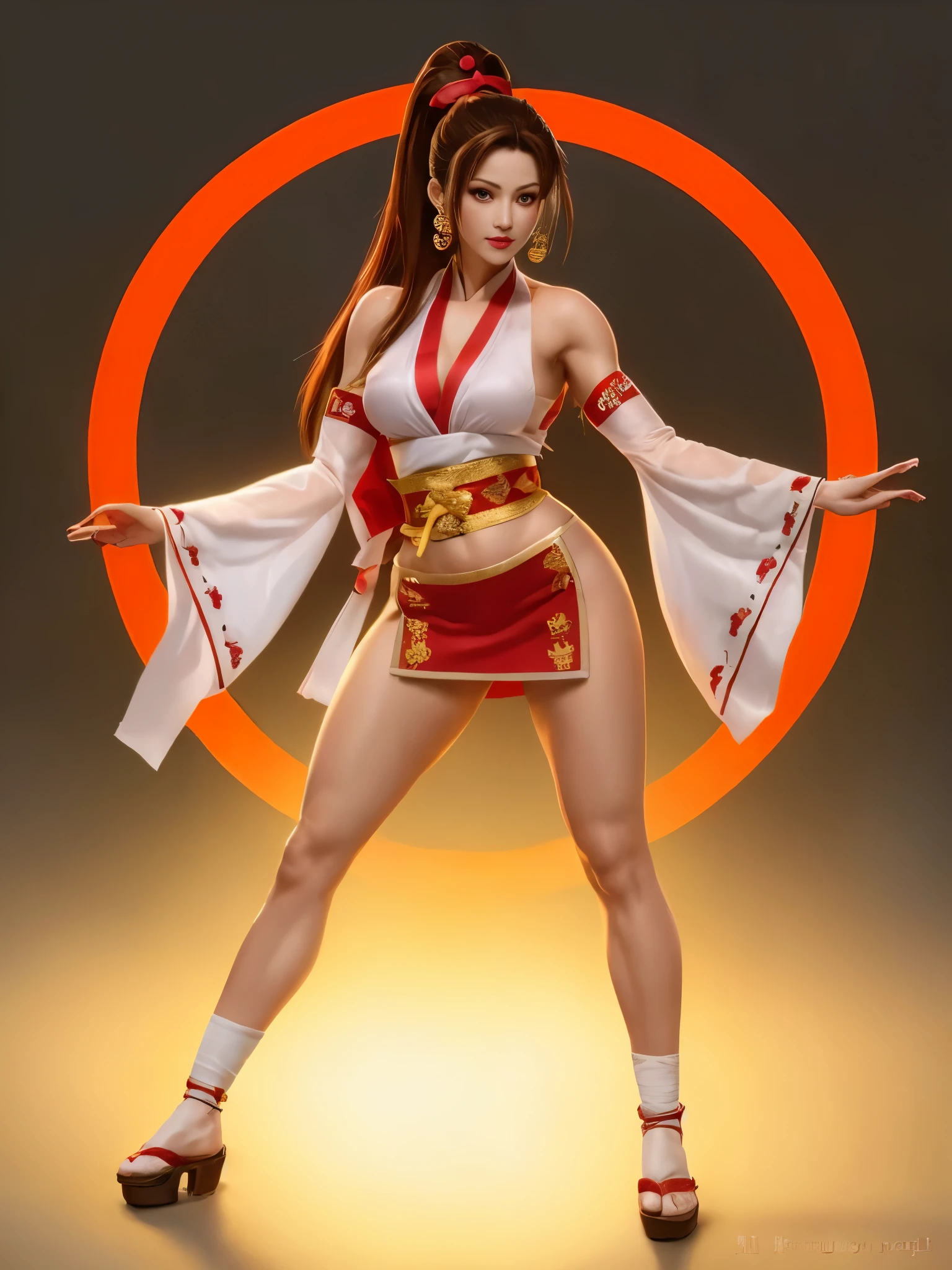 Mai Shiranui stands in a circle wearing traditional clothes,and sexy thick thighs, No , Thick and exposed legs