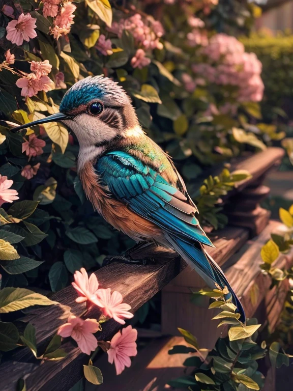 A blue bird flies near pink flowers, digital rendering, hummingbird, beautiful nature, Living nature, painting of a hummingbird, really beautiful nature, nature photos, nice images, !!natural beauty!!, incredibly beautiful, Stunning visual effects, Insects and birds, very beautiful photos, 