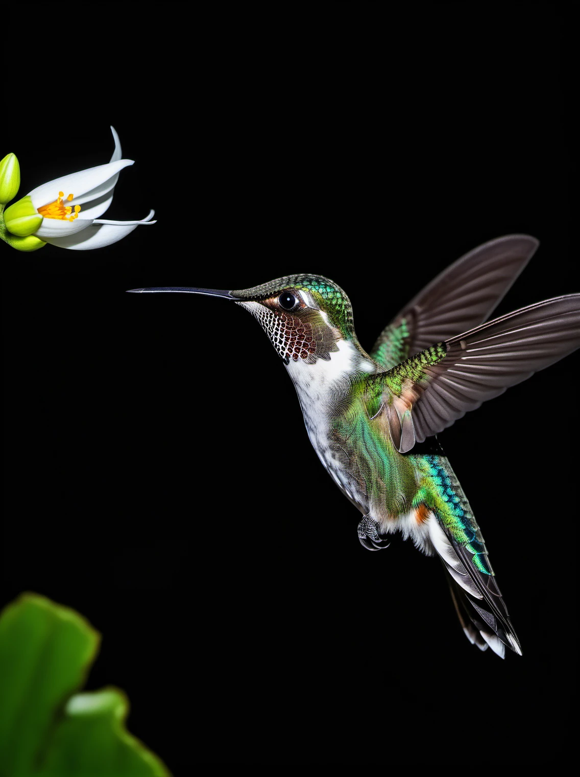 a single hummingbird sipping nectar from an white flower, ukiyo-e , detailed bird movement, fluid motion, lifelike