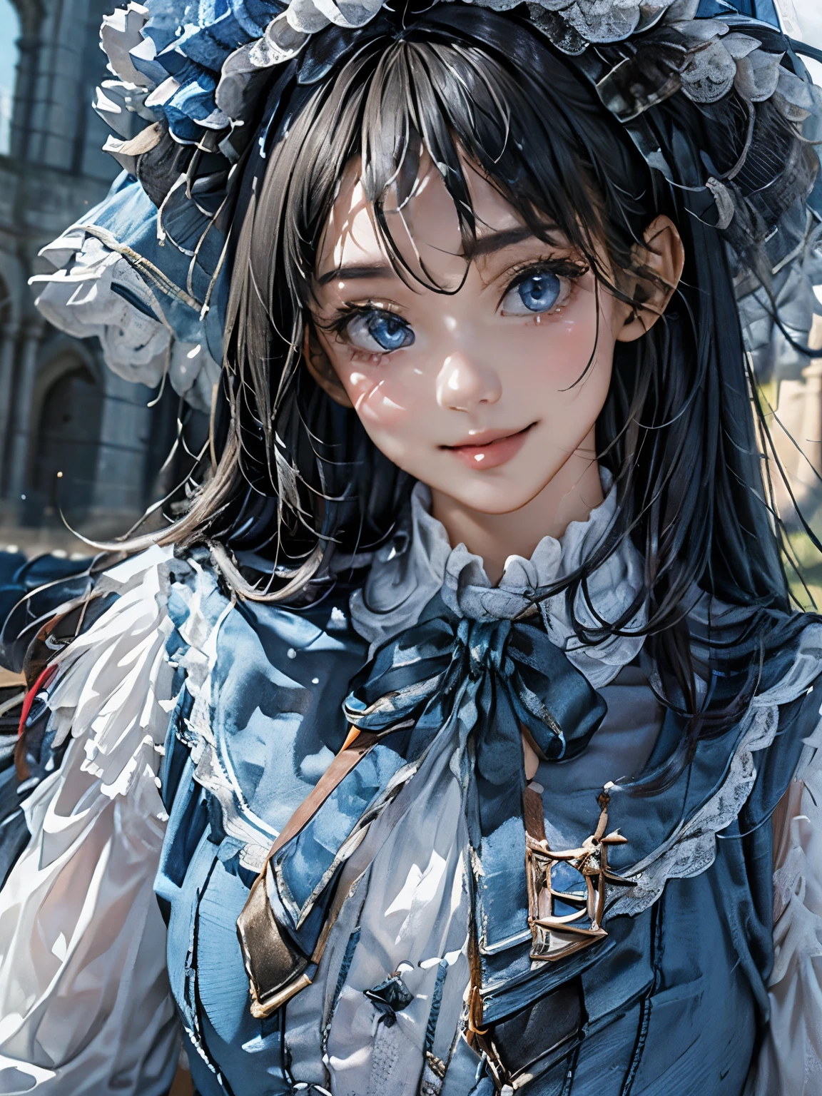 (((((close up of face)))))，Aim from a little above,masterpiece, confused, incredibly confused, very detailed, highest quality, costume，(((candy blue dress))), have, knee high, whole body, 1 girl, alone, black hair, light smile, looking at the viewer, detailed background, Are standing, at the castle, night, dramatic lighting, 