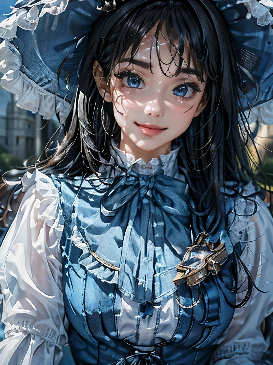 (((((close up of face)))))，Aim from a little above,masterpiece, confused, incredibly confused, very detailed, highest quality, costume，(((candy blue dress))), have, knee high, whole body, 1 girl, alone, black hair, light smile, looking at the viewer, detailed background, Are standing, at the castle, night, dramatic lighting, 