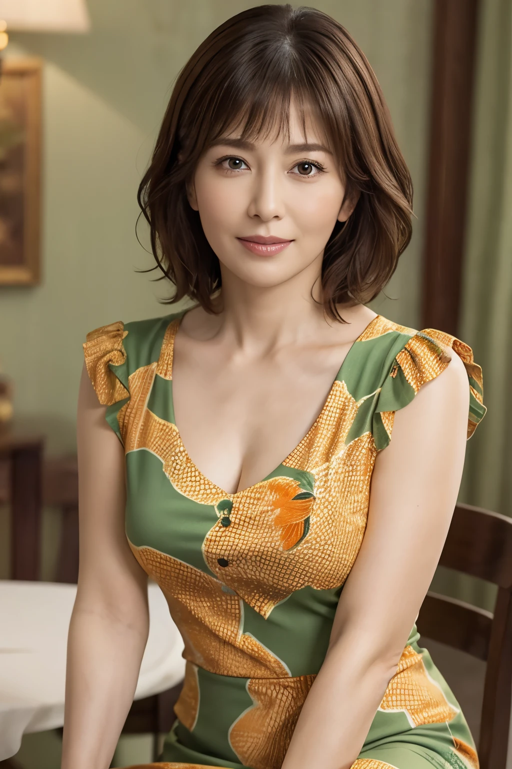 highest quality, masterpiece, High resolution, Photoreal, RAW photo, 8k wallpaper, Flawless, professional lighting, very detailed, ((one beautiful woman)), 40 years old, sexy woman, ((Gorgeous green and orange printed dress)), cleavage, Upper body, ((look into the viewer&#39;s eyes)), detailed face, beautiful eyes, ((facing the front)), in the stylish dining room, Sunny, bangs, well-shaped chest, short bob hair, plump and glossy lips, cowboy shot, ((arm between legs))