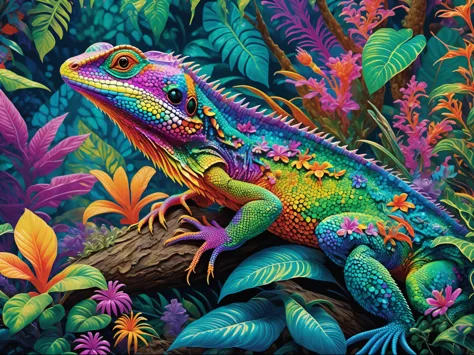 Brightly colored lizards in tropical jungle，with leaves and flowers, bright colors Very detailed, Psychedelic bright colors, lar...