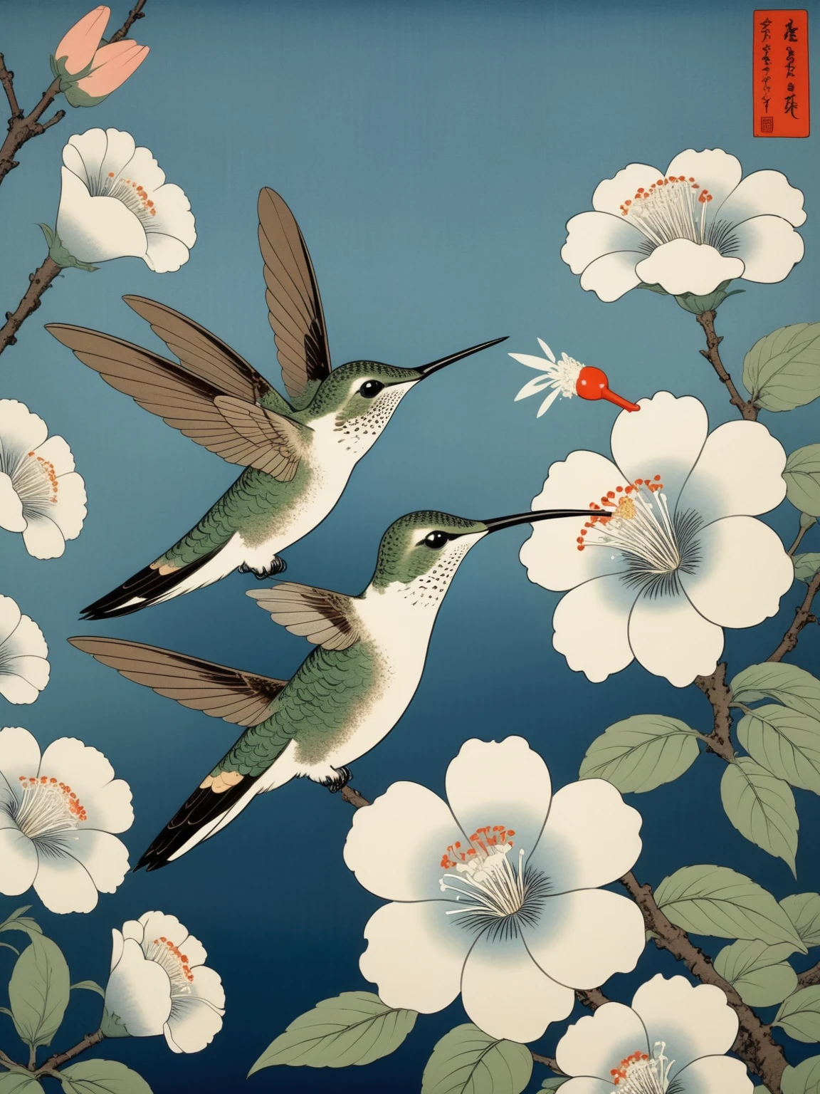 a single hummingbird sipping nectar from an white flower, ukiyo-e , detailed bird movement, fluid motion, lifelike