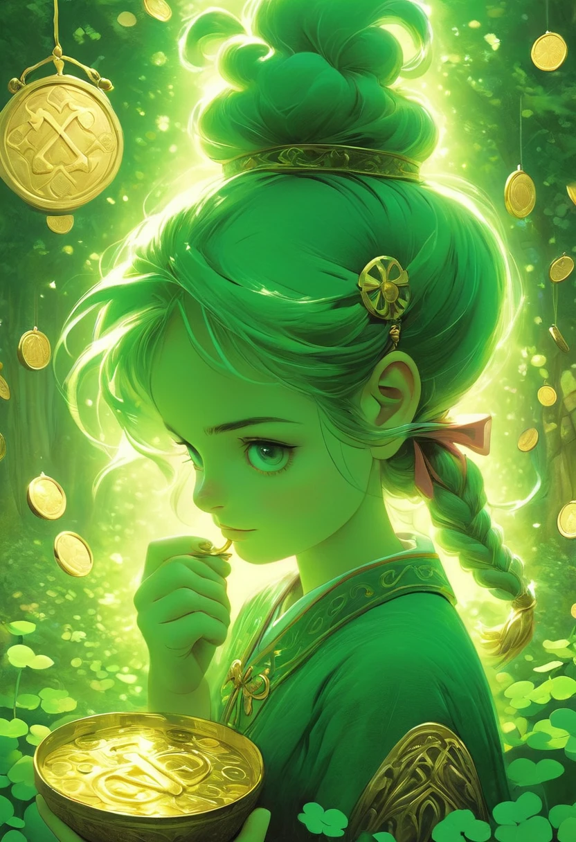 fluorescent horizon, cg graphics illustration, luminism,
The girl is a leprechaun. She is dressed in green clothes and a hat decorated with clovers, and holds a bowl of gold coins in her hands. The background features a large gold coin with various symbols (including clovers and horseshoes), coins floating in the air, as well as small houses and a church.
Art by In the style of Natalia Ricci, Pino Daeni, Igor Maikov, Johann Jungbluth, Mark Molchan. Studio Ghibli Genshin Impact