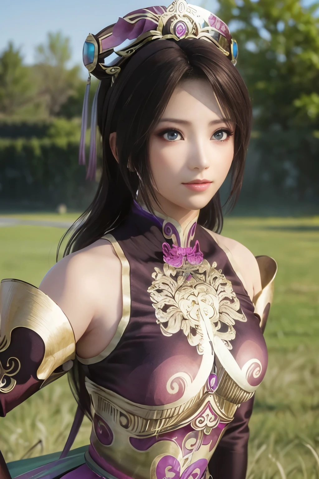 Diaochan of the Three Kingdoms,masterpiece、field,grassy area,beautiful girl、fine eyes、puffy eyes、highest quality, 超High resolution, (reality: 1.4), movie lighting、Japanese、asian beauty、Korean、super beautiful、beautiful skin、(超reality的な)、(High resolution)、(8k)、(very detailed)、(美しくfine eyes)、(Super detailed)、detailed face、bright lighting、professional lighting、slanted bangasterpiece:1.4),(highest quality:1.4),(disorganized:1.4)