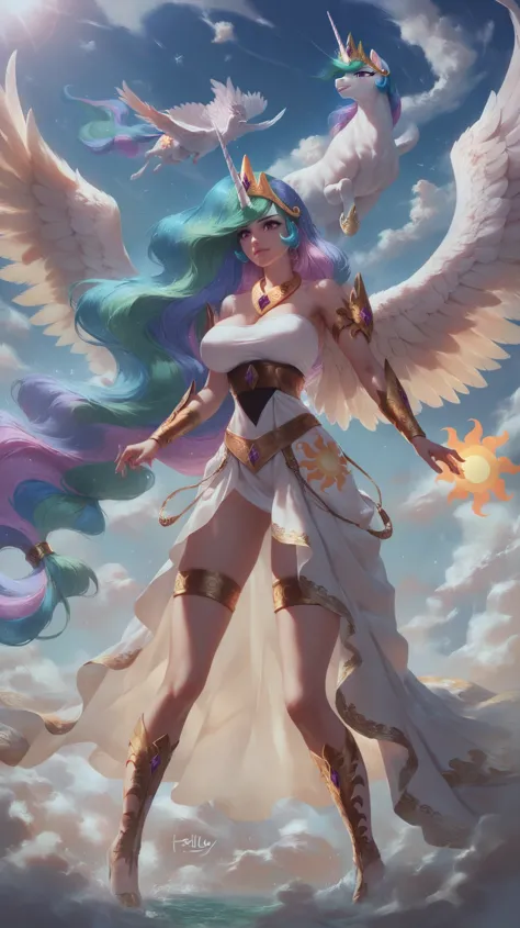 score_9,score_8_up,score_7_up,score_6_up,score_5_up,score_4_up,(art of princess celestia),best quality,painterly,epic,majestic,fantasy art,1girl,equestria girls,(big breast:1.2), goddess, feathered wings, looking out into the land, detailed, clouds, detail...