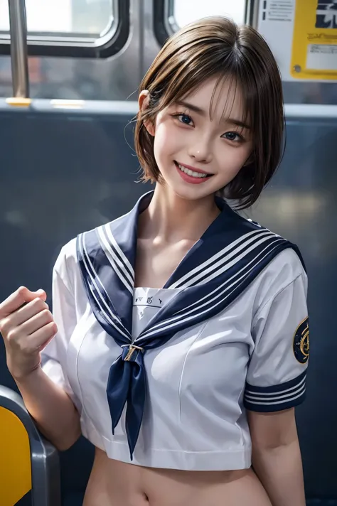 (((sailor suit)))、kind and happy smile、((looks happy:1.3))、panting face、excited look、short hair、glasses、realistic,High resolutio...