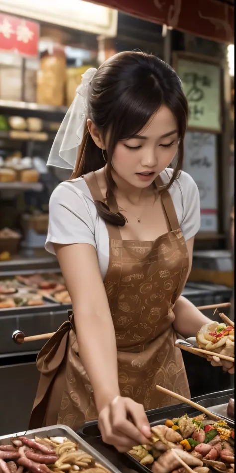 (southeast Asian market, a woman, brown-skin), staff stall grill squid skewers at night, (wearing apron with various pattern to ...
