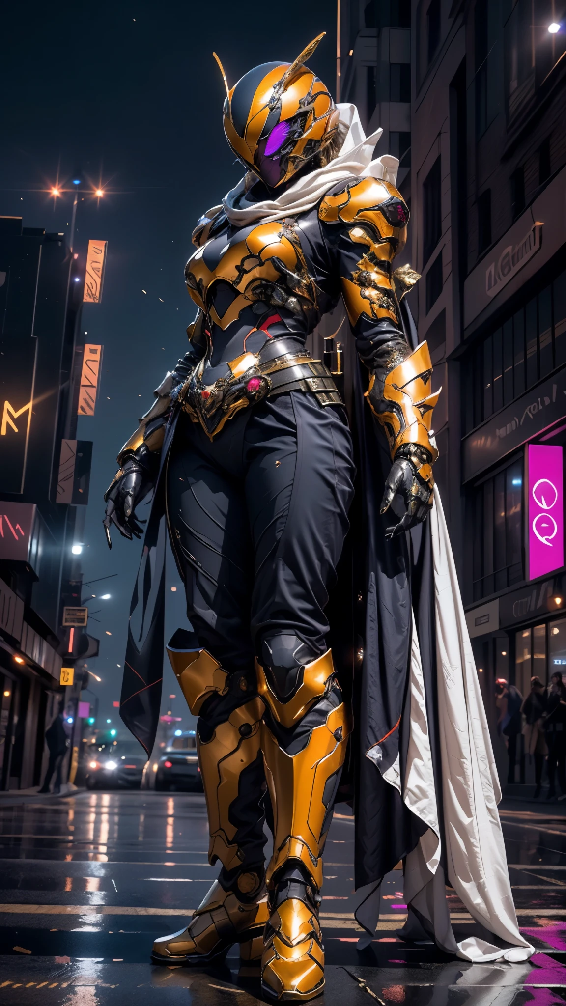 A woman adorned in fantasy-style full-body armor, a crown-concept fully enclosed helmet that unveils only her eyes, a composite layered chest plate, fully encompassing shoulder and hand guards, a lightweight waist armor, form-fitting shin guards, the overall design is heavy-duty yet flexible, ((the armor gleams with a golden glow, complemented by red and blue accents)), exhibiting a noble aura, she floats above the Futuristic city, this character embodies a finely crafted fantasy-surreal style armored hero in anime style, exquisite and mature manga art style, (Queen bee mixed with Spider concept Armor, photorealistic:1.4, real texture material:1.2), ((city night view, elegant, goddess, femminine:1.5)), metallic, high definition, best quality, highres, ultra-detailed, ultra-fine painting, extremely delicate, professional, anatomically correct, symmetrical face, extremely detailed eyes and face, high quality eyes, creativity, RAW photo, UHD, 32k, Natural light, cinematic lighting, masterpiece-anatomy-perfect, masterpiece:1.5