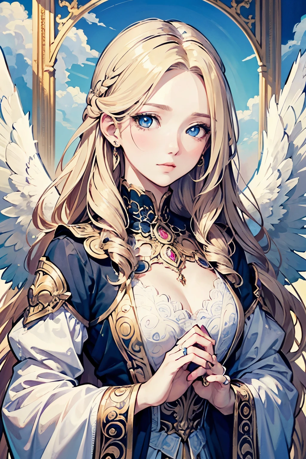 4K quality:1.2,Super beautiful illustration:1.2,Seraph,((6 white wings)),blonde,long hair styles,angel ring,Sky,beautiful cobalt blue eyes