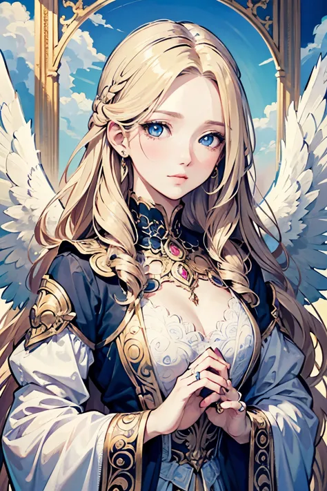 4K quality:1.2,Super beautiful illustration:1.2,Seraph,((6 white wings)),blonde,long hair styles,angel ring,Sky,beautiful cobalt...