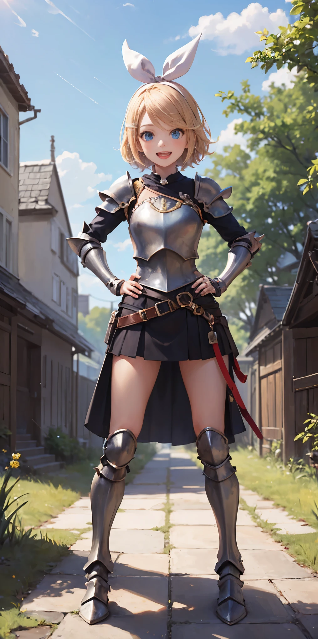 masterpiece, best quality, absurdres, perfect anatomy, 1girl, solo, Kagamine Rin, short hair, hair ribbon, fantasy, jewelry, leg armor, armored dress, armor, paladin, gold-trim, smile, :d, hands on own hips, village, outdoors